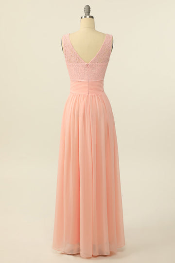 Blush Long Chiffon Lace Bridesmaid Dress